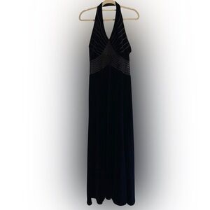 Vintage 90s Tadashi Shoji Velvet Mesh Halter Maxi Dress Black Size Small
